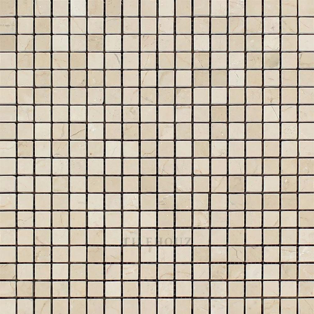 Crema Marfil marble mosaic tile sheet, 5/8 x 5/8, polished & honed, Tilehouz wall tile