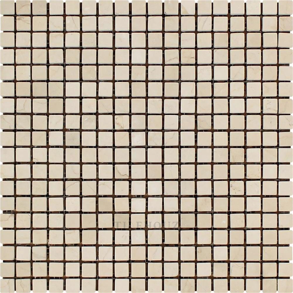 Crema Marfil marble mosaic tile sheet, 5/8 x 5/8, tumbled beige tiles by Tilehouz