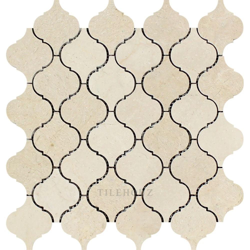 Tilehouz Crema Marfil Arabesque Lantern marble mosaic tile sheet in beige with black grout, polished and honed finish