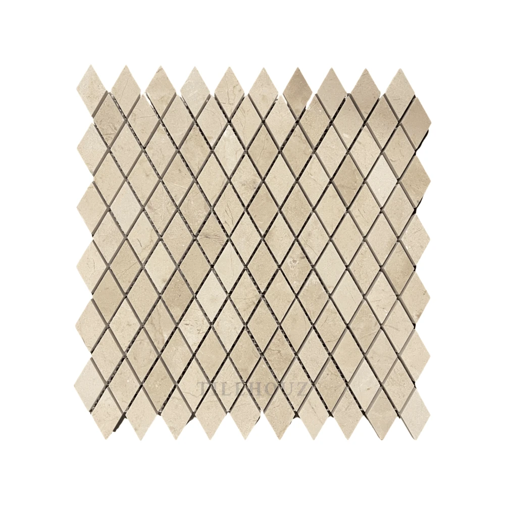 Crema Marfil marble 1x2 diamond mosaic tile sheet, beige color, polished/honed finish, Tilehouz