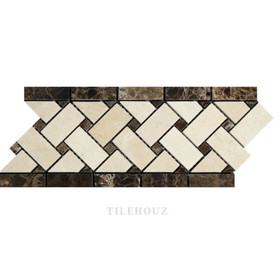 Crema Marfil Marble Basketweave Border W/ Emp. Dark Dots Polished&honed Mosaic Tiles