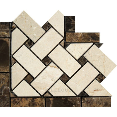 Crema Marfil Marble Basketweave Corner W/ Emp. Dark Dots Polished&honed Mosaic Tiles