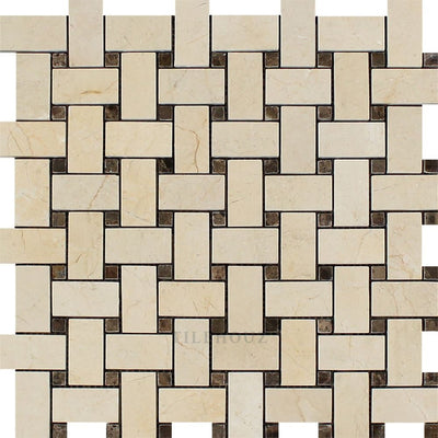 Crema Marfil Marble Basketweave Mosaic Tile W/ Emp. Dark Dots Polished&honed Tiles