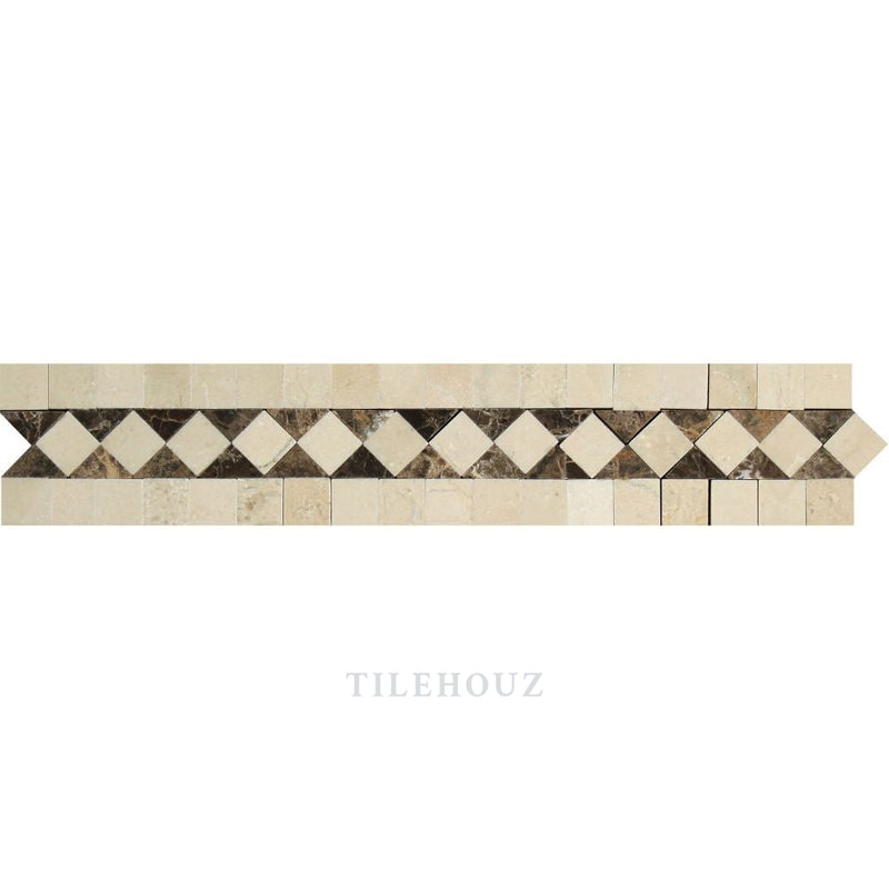 Crema Marfil Marble Bias Border W/ Emp. Dark Dots Polished&honed Mosaic Tiles
