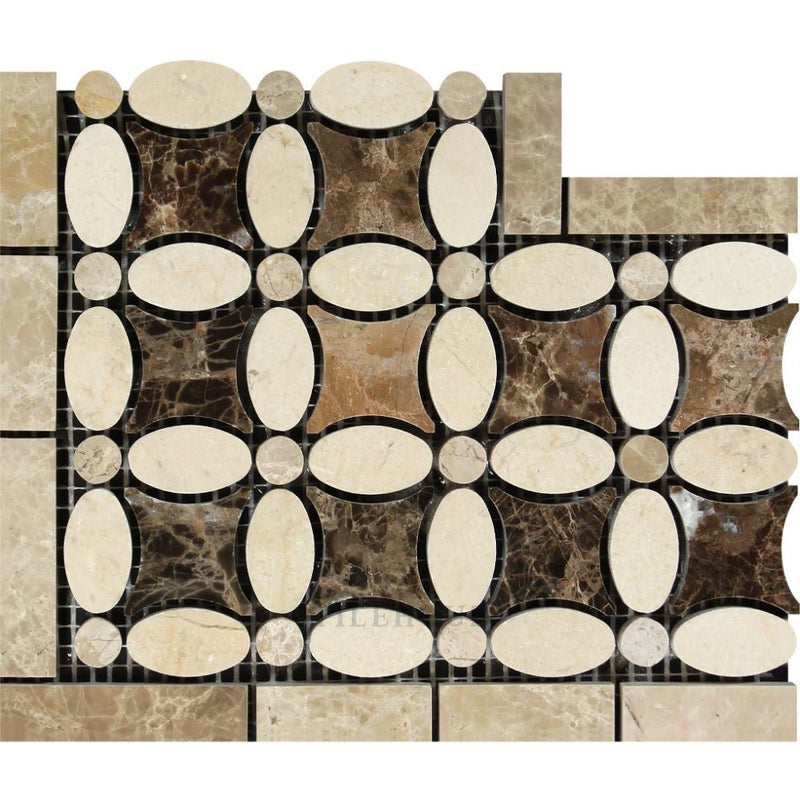 Crema Marfil Marble Florida Flower Corner (Crema + Emp. Light Dark) Polished&honed Mosaic Tiles