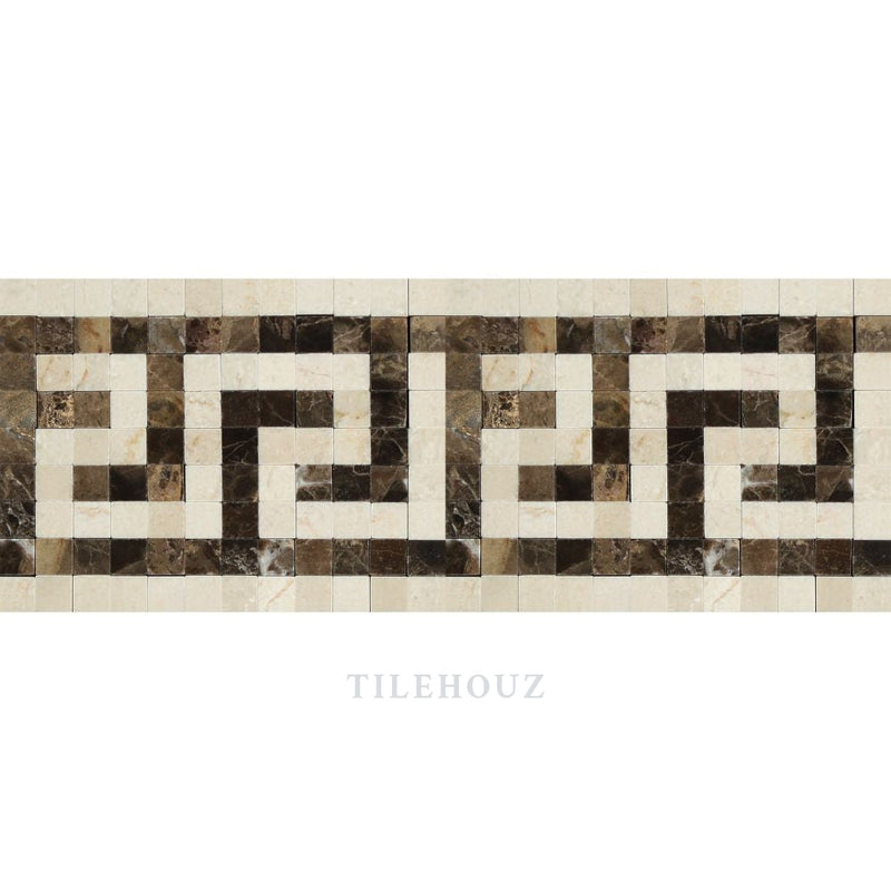 Crema Marfil Marble Greek Key Border (Crema + Emp. Dark) Polished&honed Mosaic Tiles