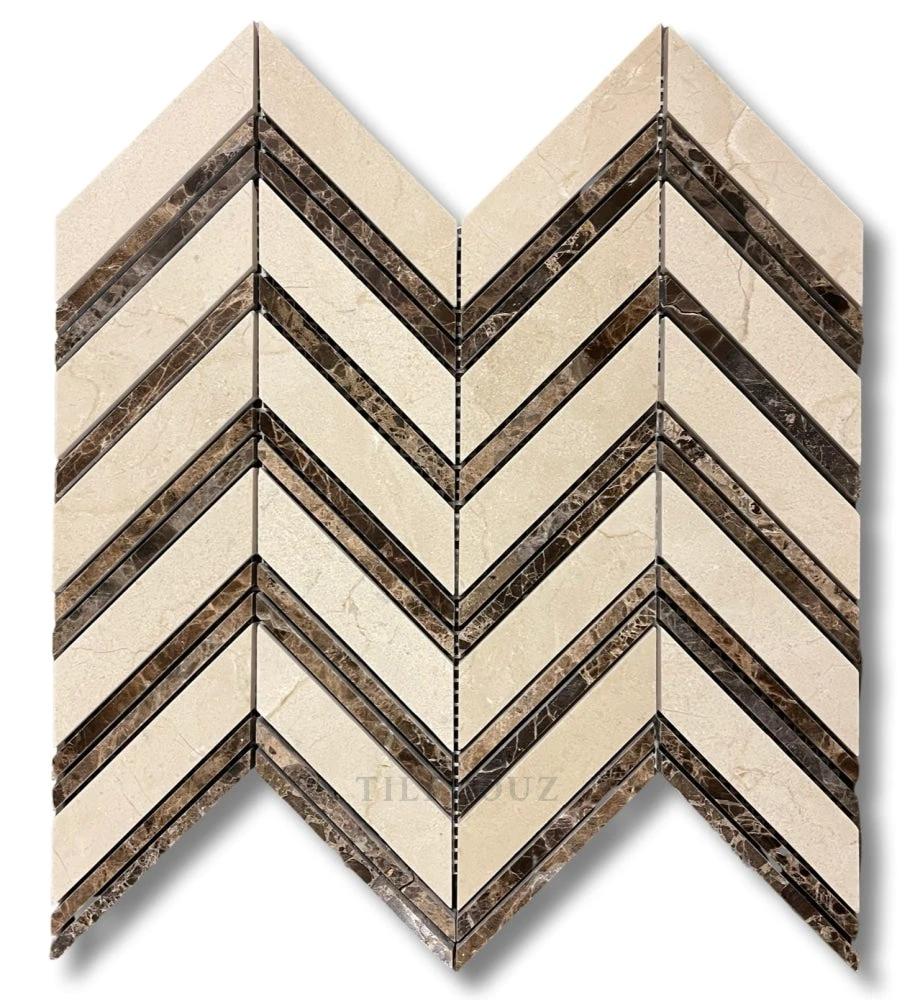 Crema Marfil marble large chevron tile with Emperador Dark strips, Tilehouz