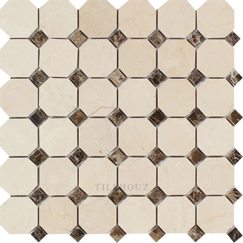 Crema Marfil marble octagon mosaic tile with dark diamond dots; polished and honed by Tilehouz