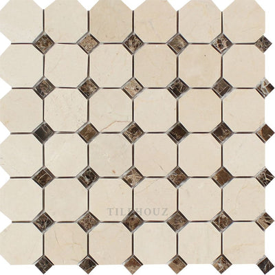 Crema Marfil Marble Octagon Mosaic Tile W/ Emp. Dark Dots Polished&honed Tiles
