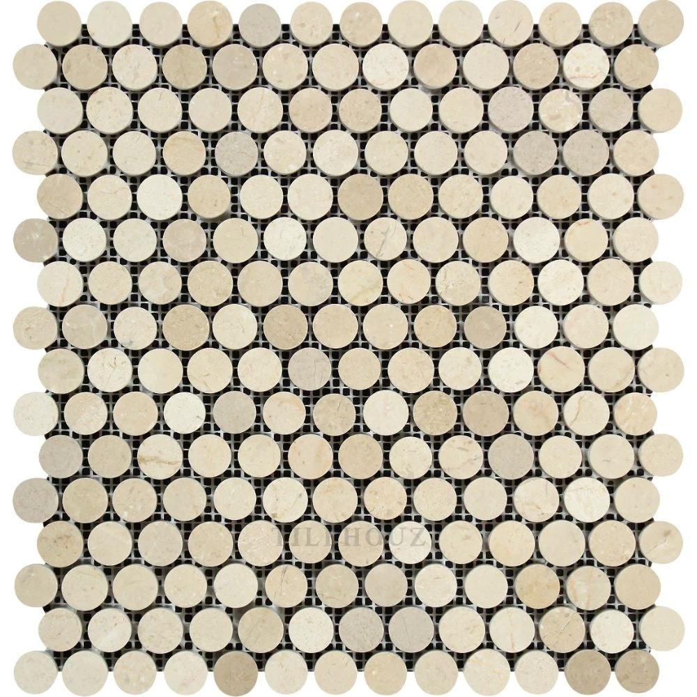 Crema Marfil marble penny-round mosaic tile sheet by Tilehouz, polished and honed for walls