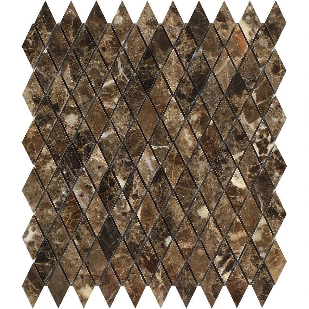 Emperador Dark Marble 1x2 Diamond Mosaic Tile, polished finish for walls