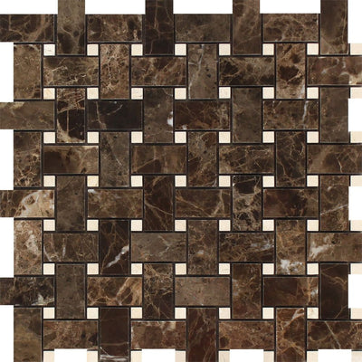Emperador Dark Marble Basketweave Mosaic Tile W/ C. Marfil Dots Polished&honed Tiles