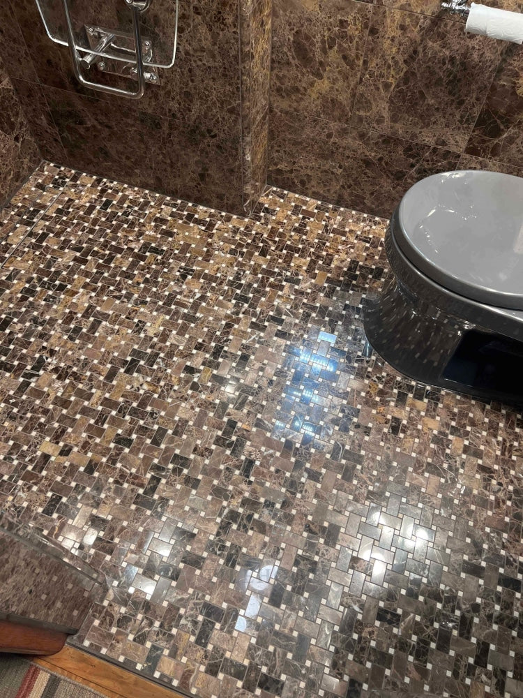 Emperador Dark Marble Basketweave Mosaic Tile W/ C. Marfil Dots Polished