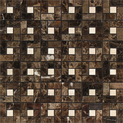 Emperador Dark Marble Mini Pinwheel Mosaic Tile W/ C. Marfil Dots Polished&honed Tiles