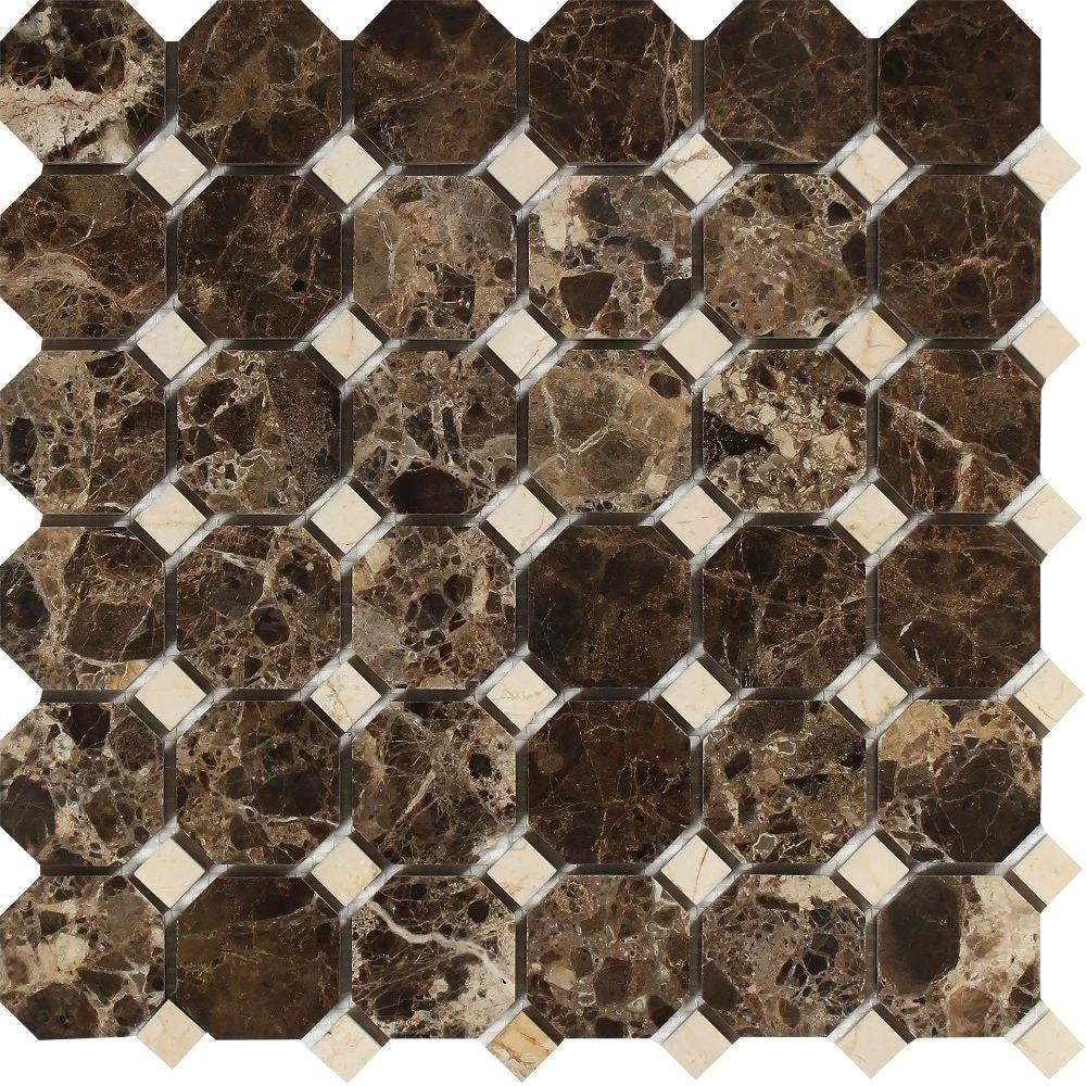 Emperador Dark Marble Octagon Mosaic Tile with C. Marfil Dots, polished wall tile by Tilehouz