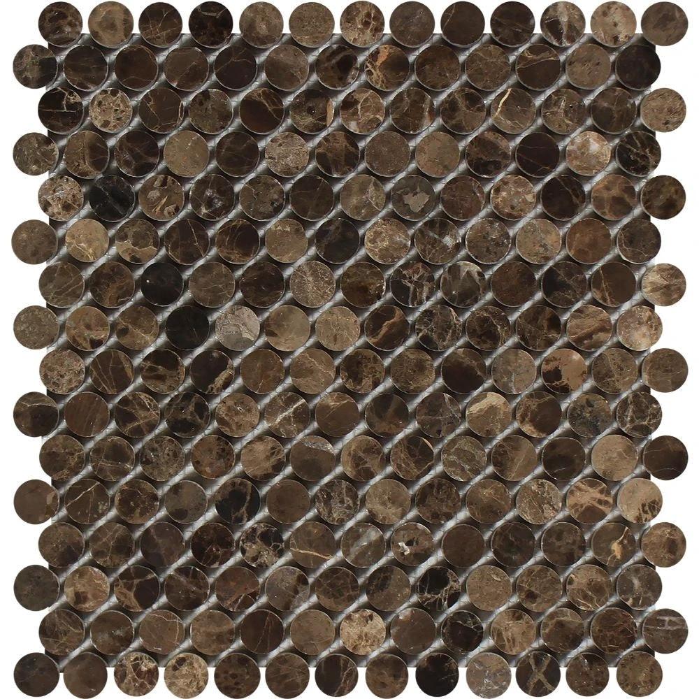 Emperador Dark Marble Penny Round Mosaic Tile sheet, polished wall tile