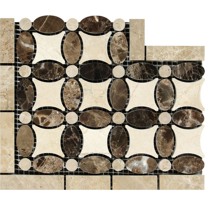 Crema Marfil Emperador Dark Marble Florida Flower Corner (Emp. + Emp. Light) Polished&honed Mosaic