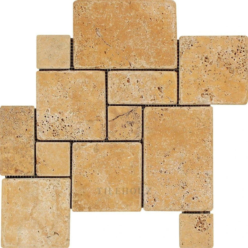 Gold Tumbled Travertine OPUS Mini Pattern Mosaic Tile (Interlocking ...