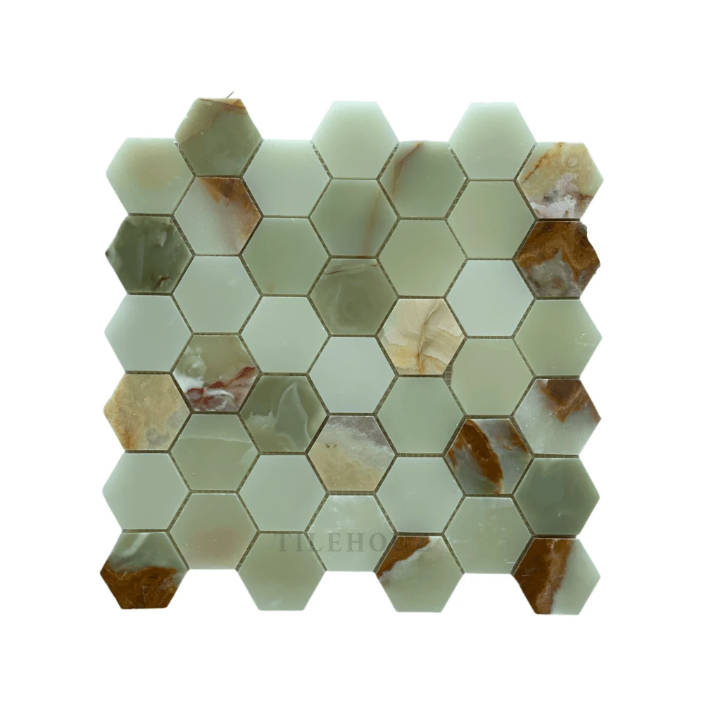 Green Onyx 2-inch hexagon mosaic polished wall tile by Tilehouz