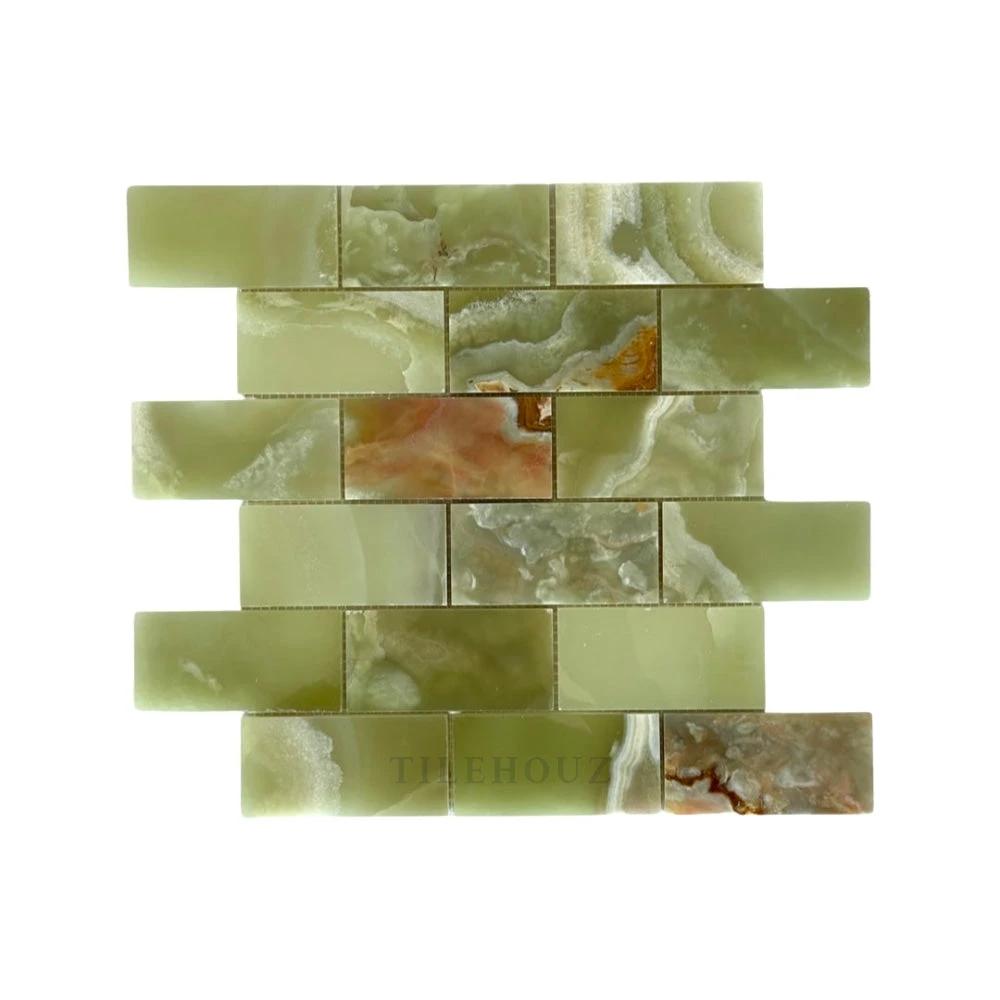 Green Onyx 2x4 Brick Mosaic Polished wall tile by Tilehouz