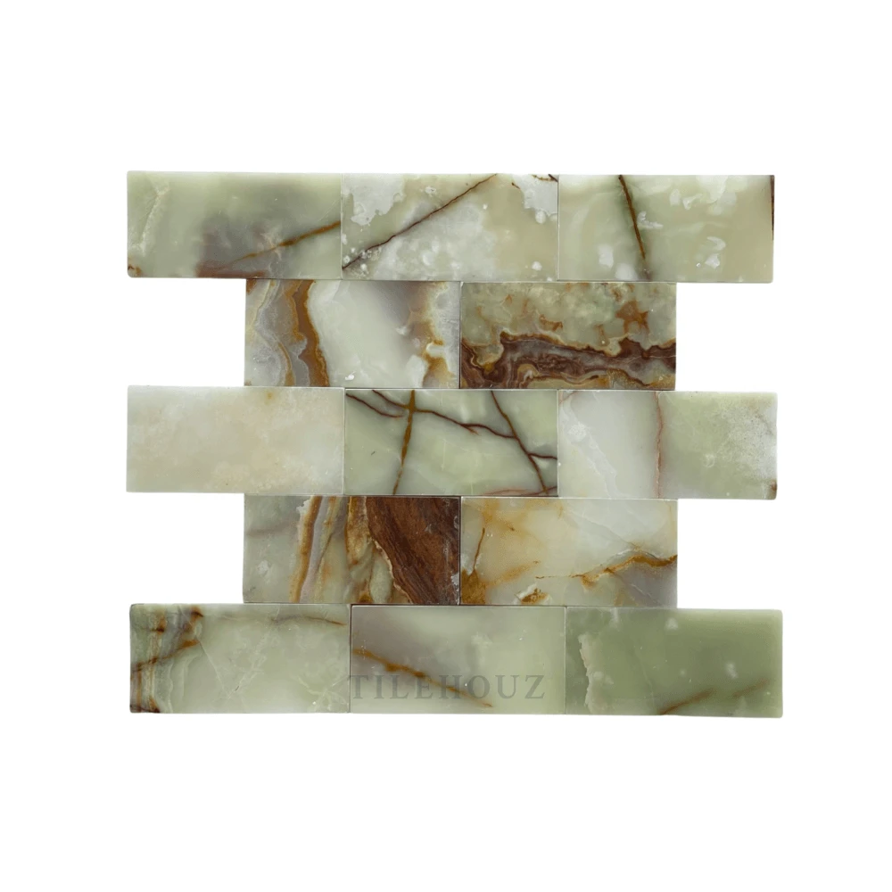 Green Onyx 3x6 Subway Tile, polished with brown veining, Tilehouz wall & ceiling tile