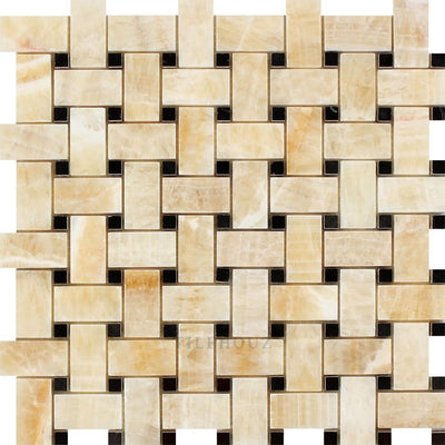 Honey Onyx Polished Basketweave Mosaic Tile W/ Black Dots Tiles