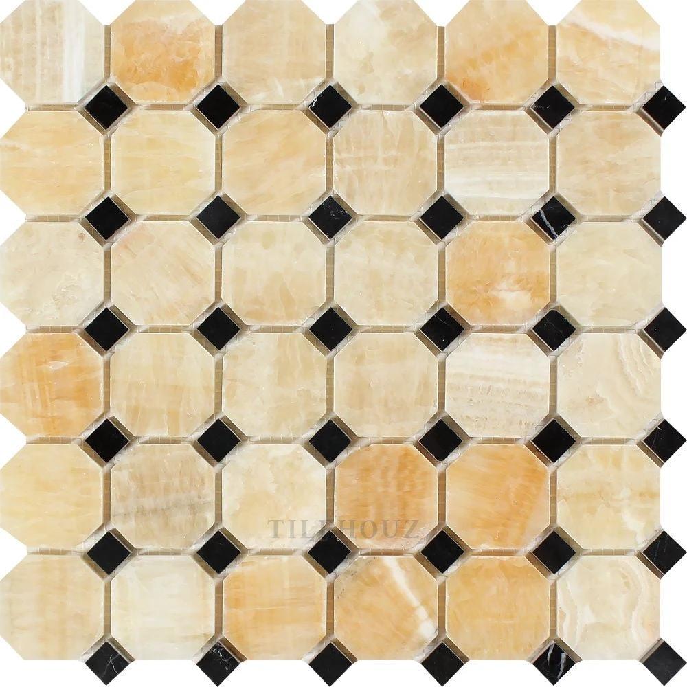 Honey Onyx polished octagon mosaic tile by Tilehouz with black diamond accents for wall & ceiling.