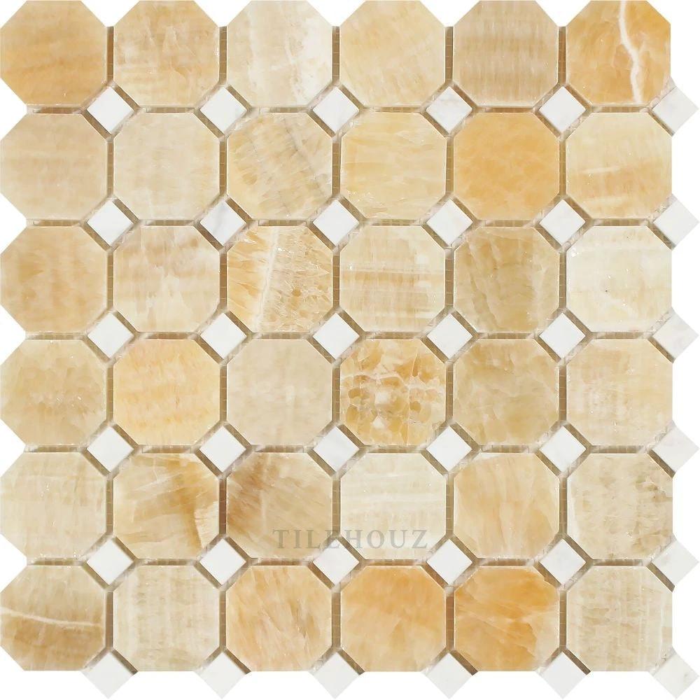 Honey Onyx polished octagon mosaic tile with white dots by Tilehouz for walls