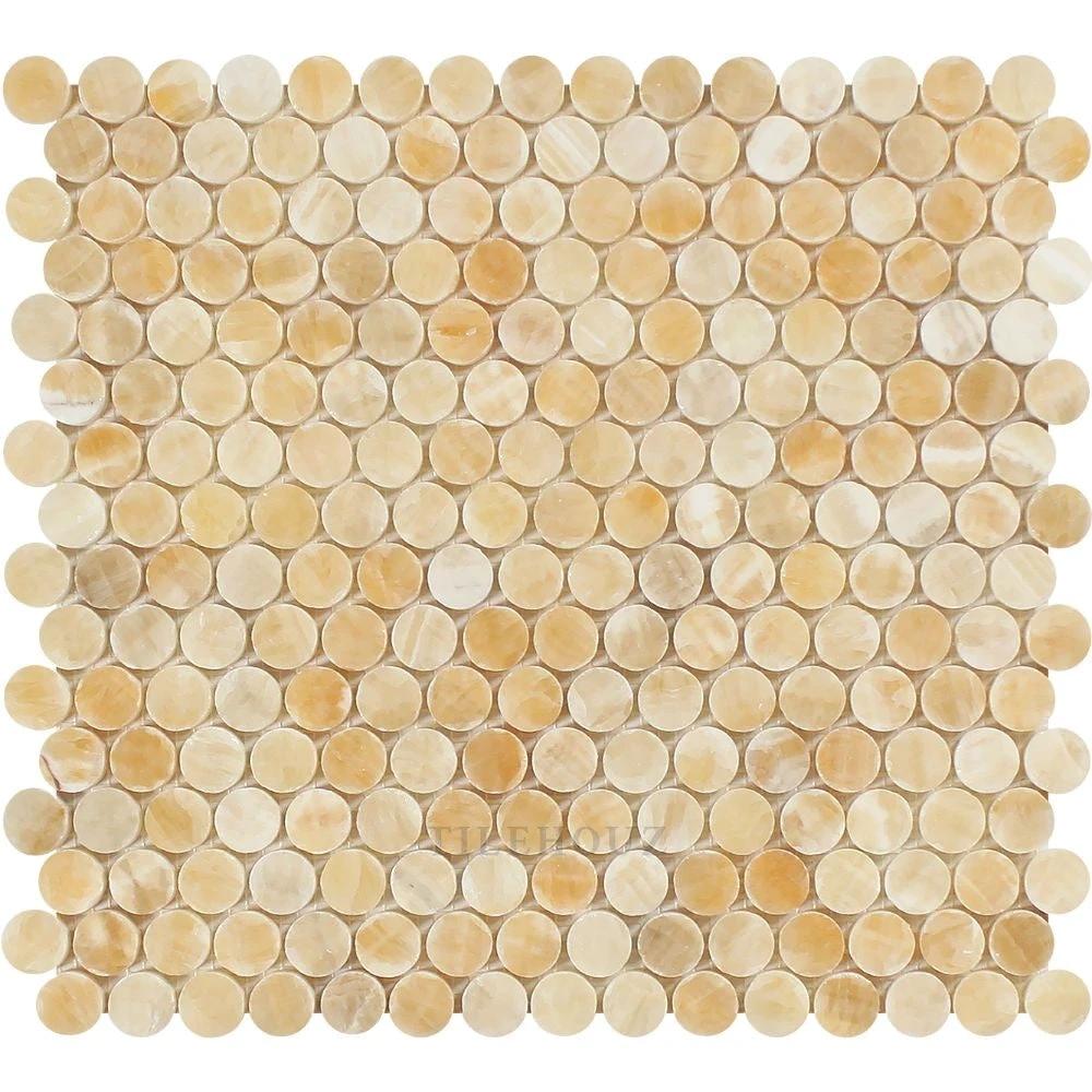 Honey Onyx polished penny round mosaic tile by Tilehouz for walls