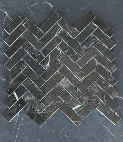 Nero Marquina Marble 1x3 Herringbone Mosaic Polished/Honed