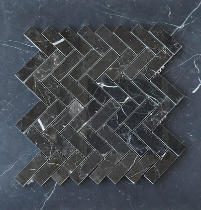 Nero Marquina Marble 1x3 Herringbone Mosaic Polished/Honed