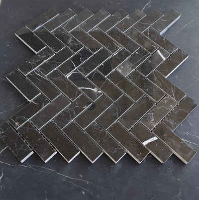 Nero Marquina Marble 1x3 Herringbone Mosaic Polished/Honed