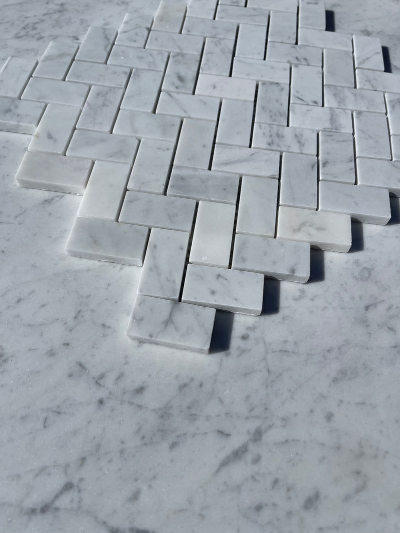 Carrara White Marble 1x2 Herringbone Mosaic Tile Polished&Honed