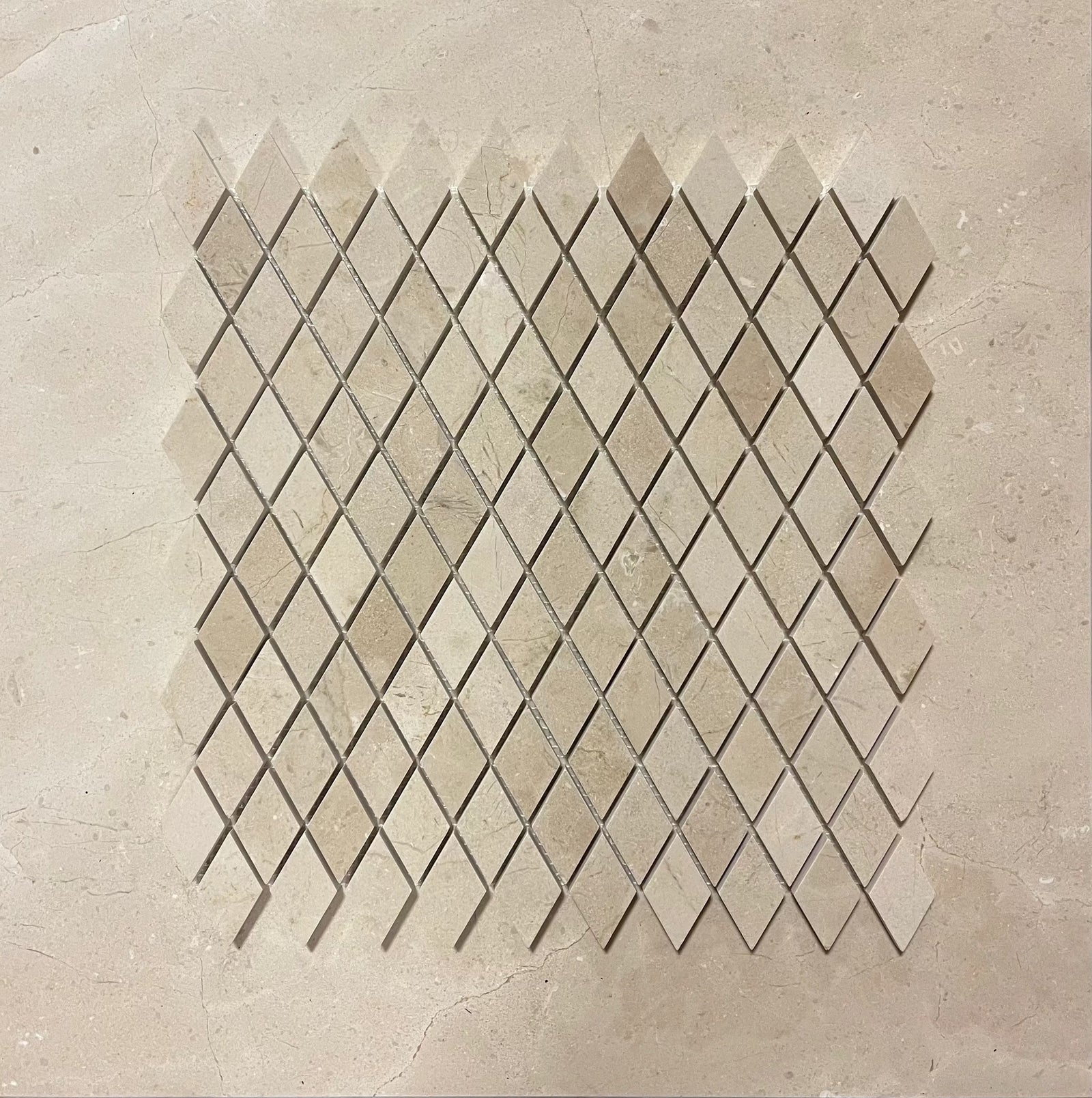 Crema Marfil Marble 1x2 Diamond Mosaic tile by Tilehouz, beige wall & ceiling tile with polished/honed finish.