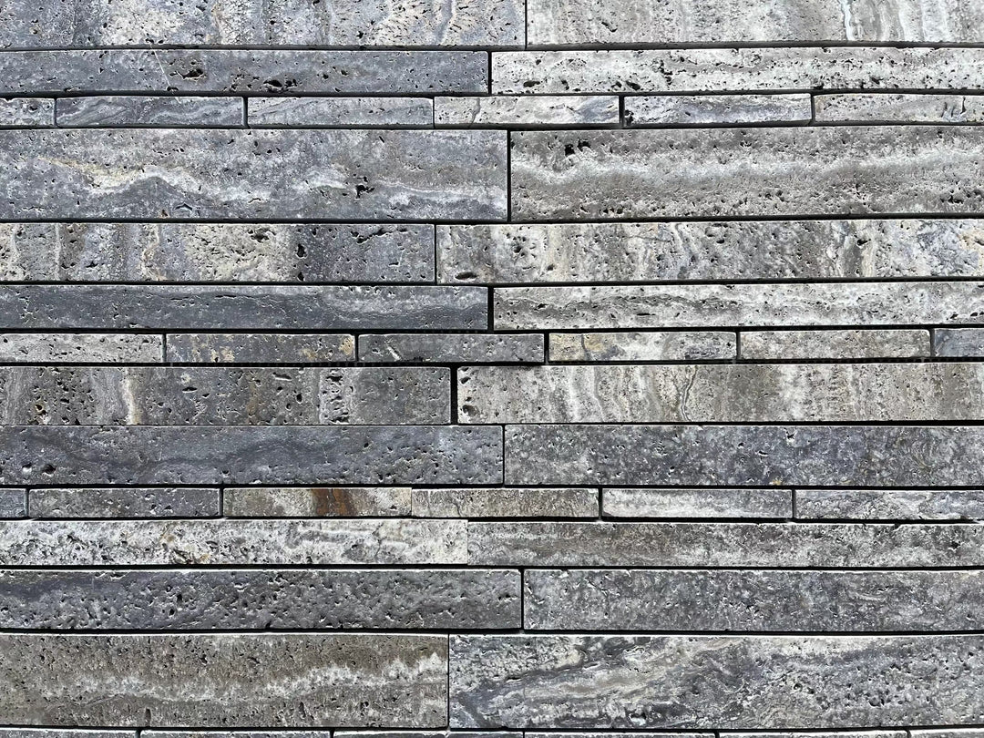 Blue travertine random-strip mosaic wall tile, brushed and semi-polished finish, Tilehouz.
