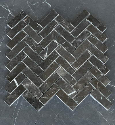 Nero Marquina Marble 1x3 Herringbone Mosaic Polished/Honed