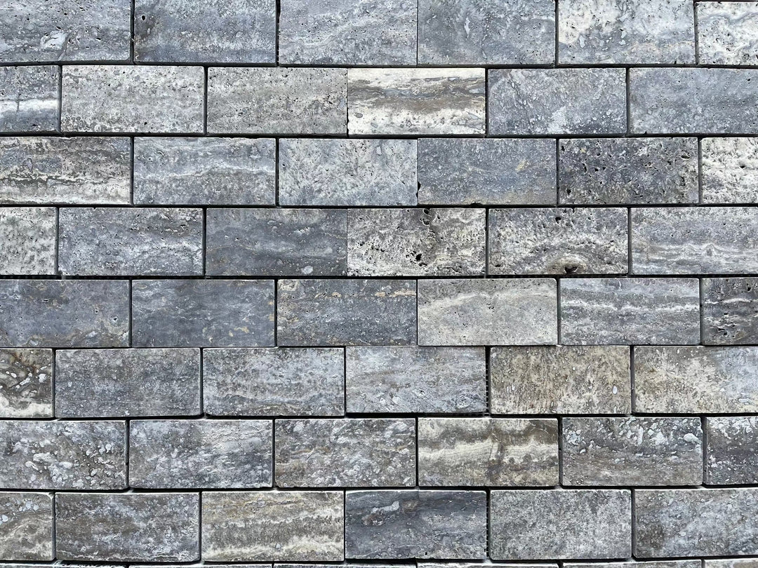 Blue Travertine 1x2 Brick Mosaic wall tile, brushed and semi-polished finish, natural stone texture and pattern
