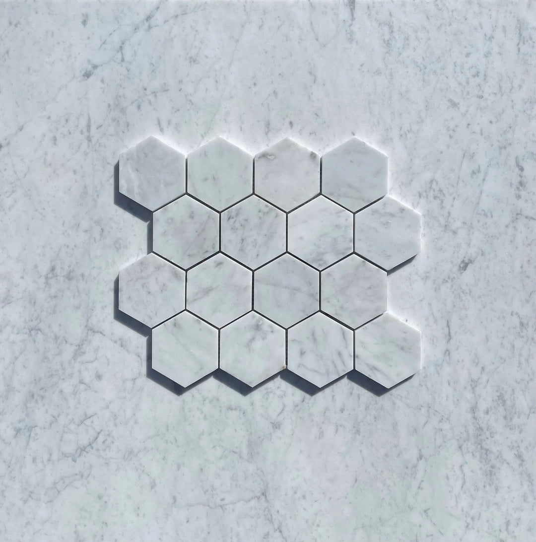 Carrara White Marble 3-inch Hexagon Mosaic Tile by Tilehouz; wall &amp; ceiling tile, polished &amp; honed.