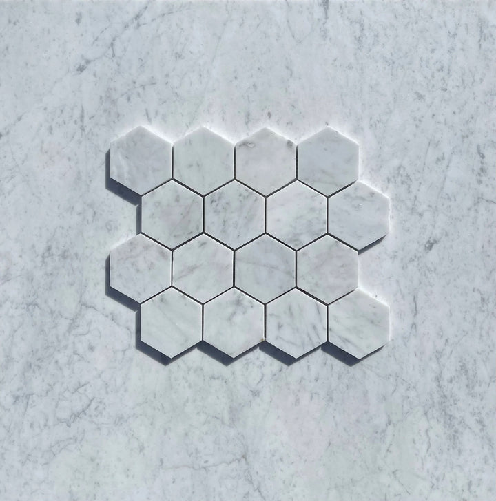 Carrara White Marble 3-inch Hexagon Mosaic Tile by Tilehouz; wall &amp; ceiling tile, polished &amp; honed.