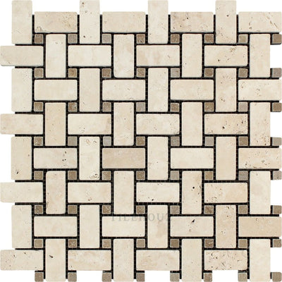 Ivory Tumbled Travertine Basketweave Mosaic Tile W/ Noce Dots Tiles