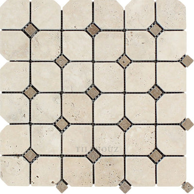 Ivory Tumbled Travertine Octagon Mosaic Tile W/ Noce Dots Tiles