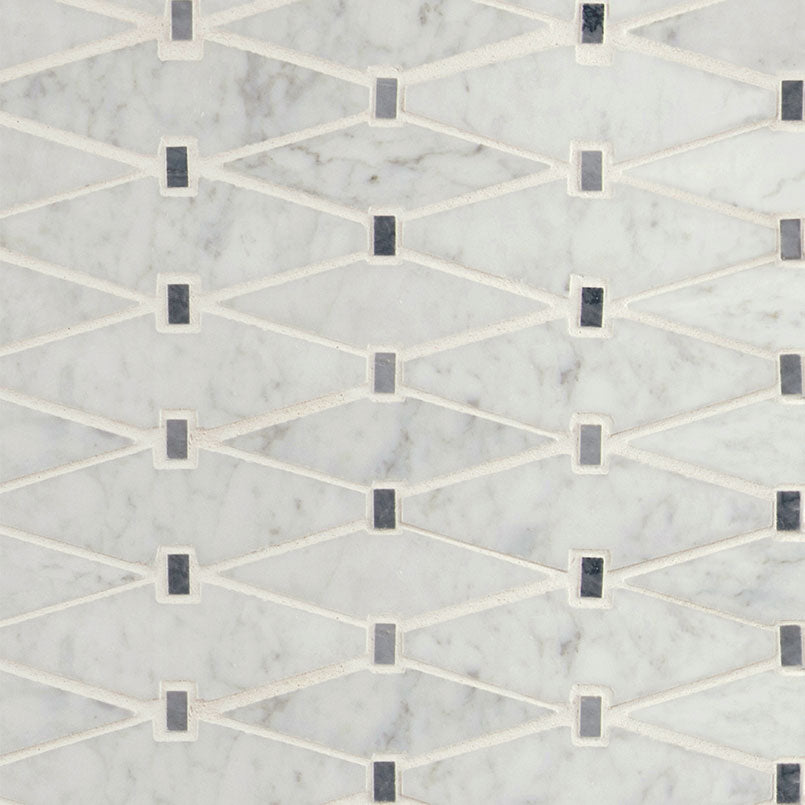 Marbella Diamond polished marble mosaic tile with light gray veining and dark square accents