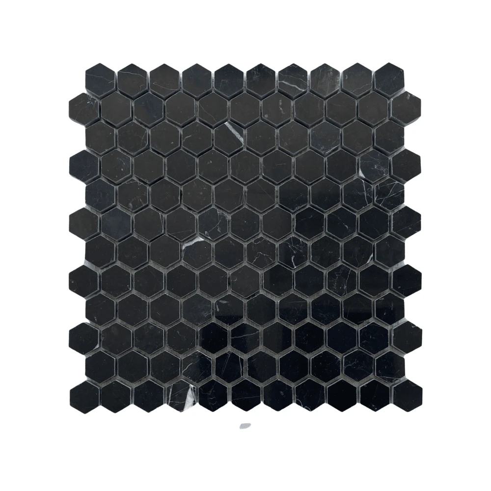 Nero Marquina marble hexagon mosaic tile, 1-inch polished/honed black with white veining by Tilehouz