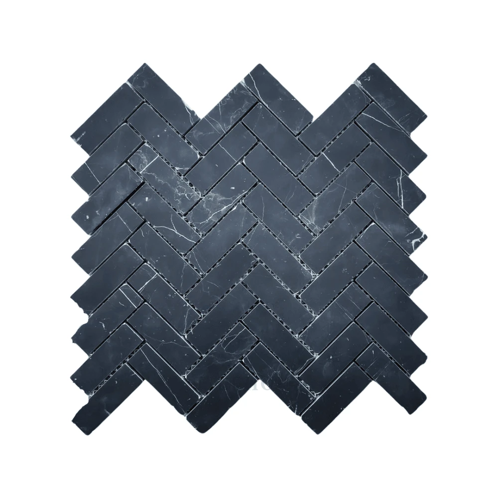 Nero Marquina Marble 1x3 Herringbone Mosaic tile, polished/honed finish, deep black velvety appearance, Tilehouz
