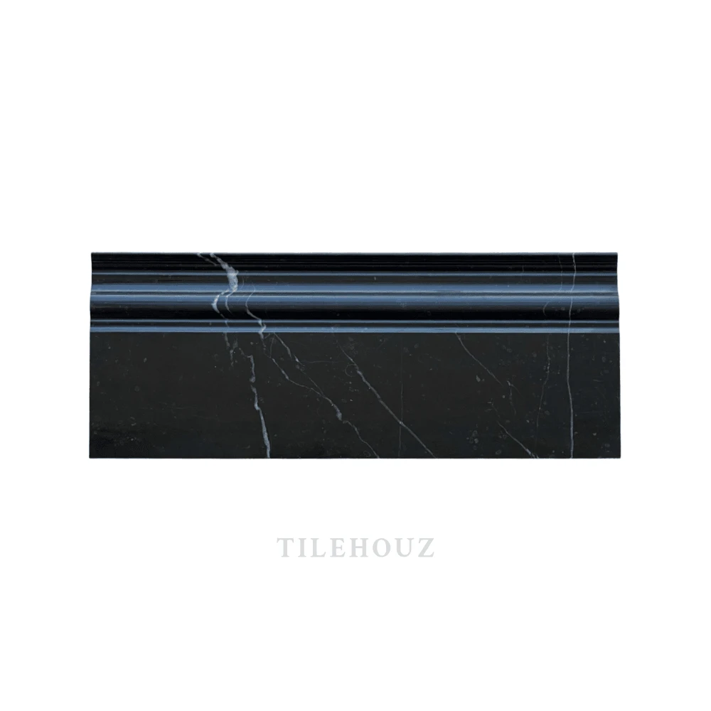 Nero Marquina marble baseboard trim, Tilehouz, 4 3/4 x 12 in, polished/honed, black with white veins