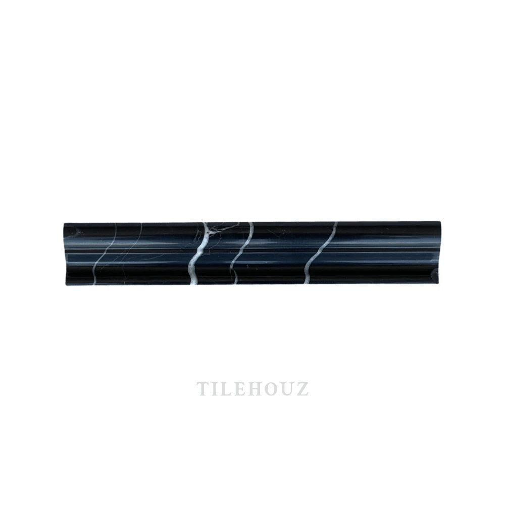 Nero Marquina marble crown molding by Tilehouz, deep black with white veining