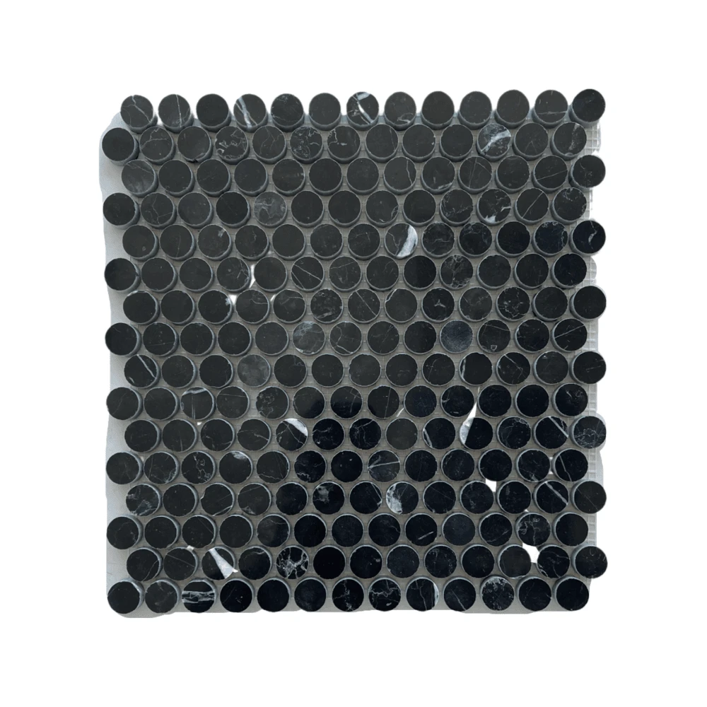 Nero Marquina marble penny-round mosaic tile by Tilehouz, deep black, polished/honed wall & ceiling tile