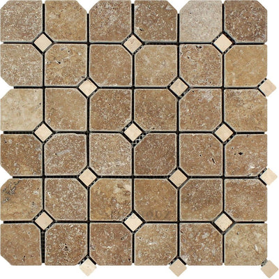 Noce Tumbled Travertine Octagon Mosaic Tile W/ Ivory Dots Tiles