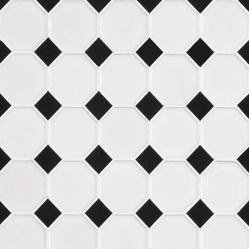 Retro Octagon Bianco 6mm Glossy ceramic wall tile in white with black accents by Tilehouz