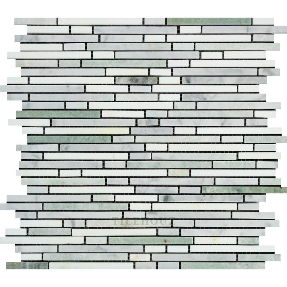 Marble mosaic tile bamboo-sticks: Thassos White, Carrara White & Ming Green; polished & honed by Tilehouz